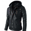 Men's Brando Real Black Leather Jacket With Removable Hood