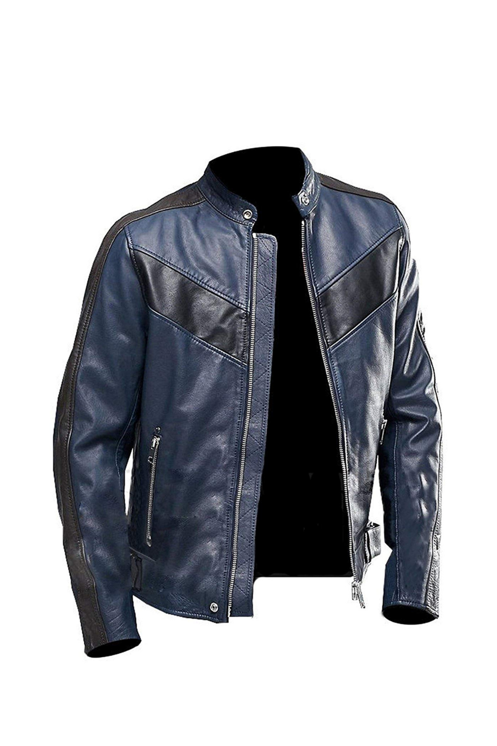 Men's Cafe Racer Blue Real Leather Jacket | Throblife