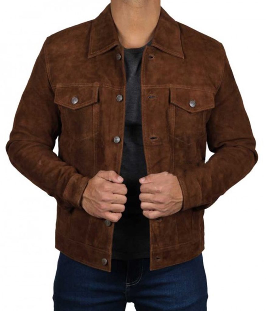 Men's Logan Brown Trucker Suede Leather Jacket | Throblife