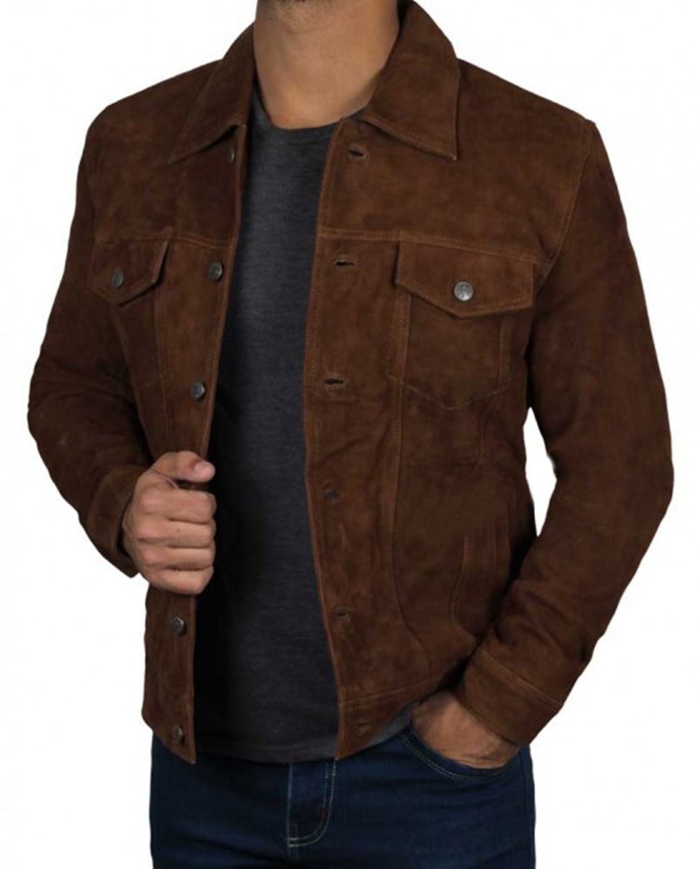 Men's Logan Brown Trucker Suede Leather Jacket | Throblife