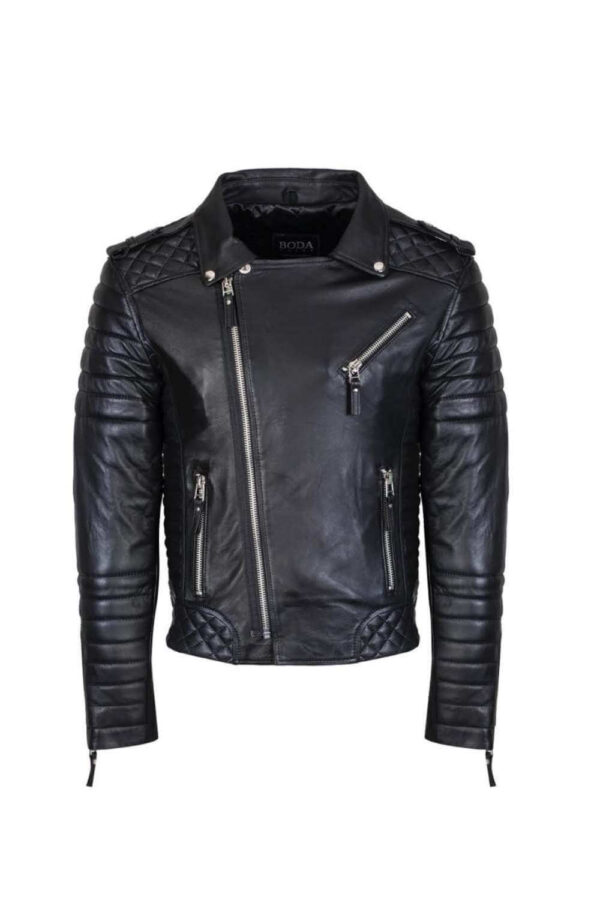 Men's Black Asymmetrical Biker Style Quilted Leather Jacket