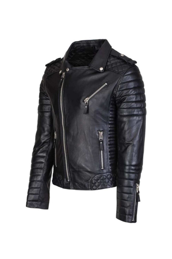 Men's Black Asymmetrical Biker Style Quilted Leather Jacket