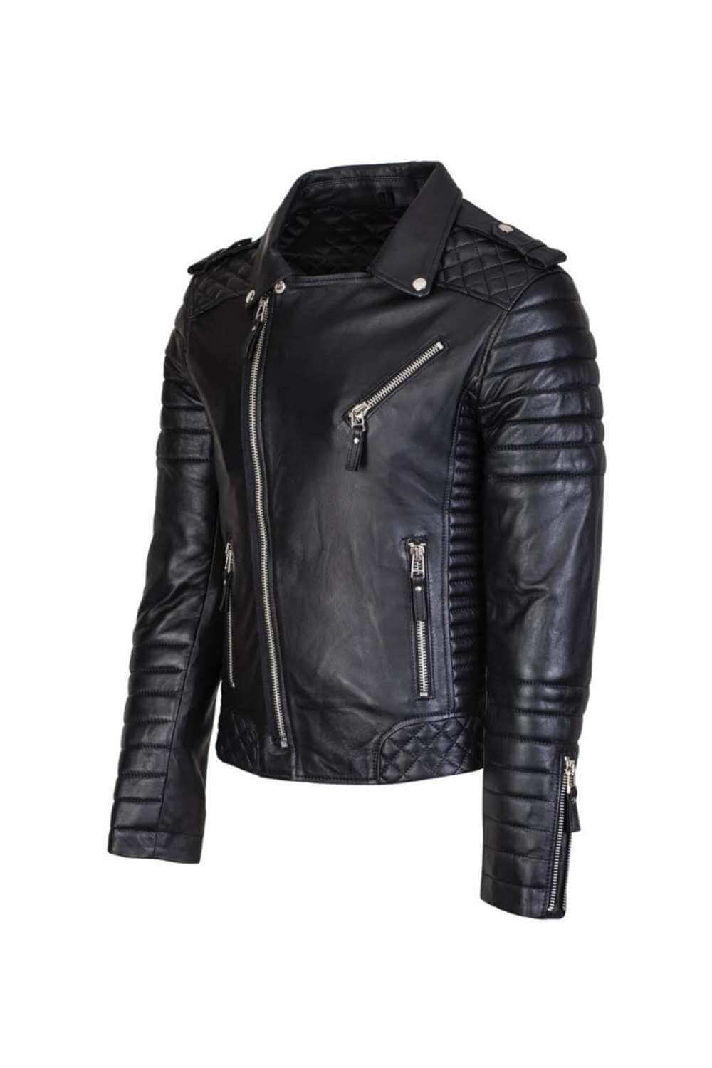 Men's Black Asymmetrical Biker Style Quilted Leather Jacket | Throblife