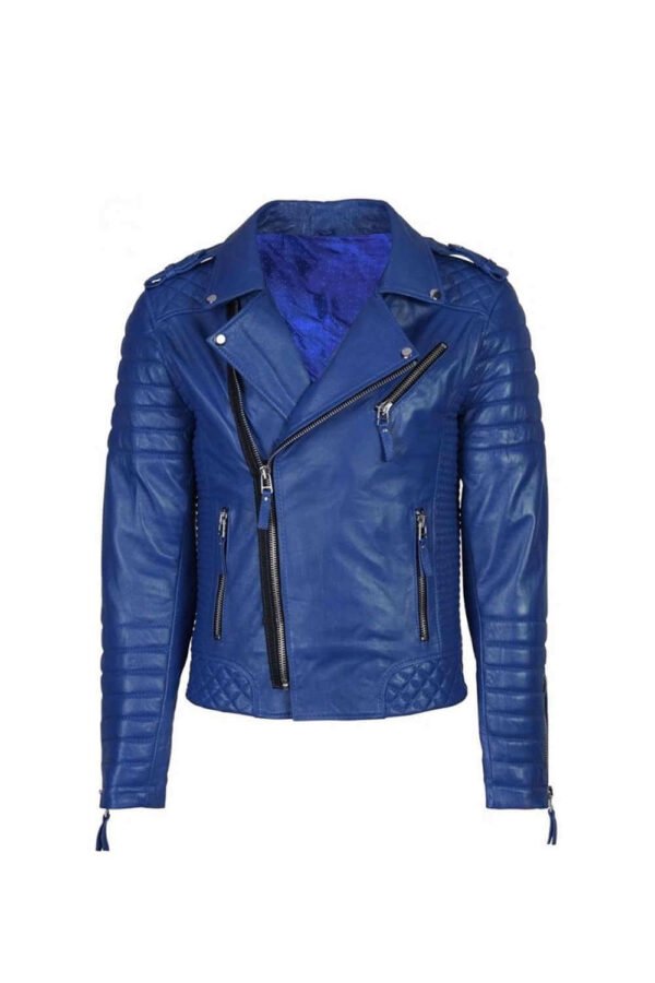 Men's Blue Asymmetrical Biker Style Quilted Leather Jacket Throblife
