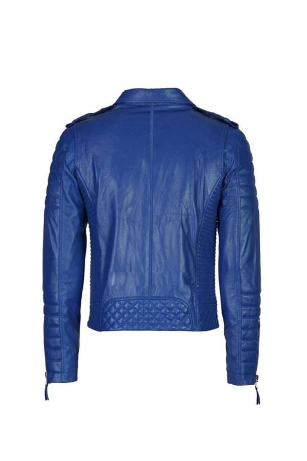 Men's Blue Asymmetrical Biker Style Quilted Leather Jacket Throblife