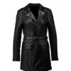 Kelly Black Leather Quilted Long Pea Coat