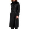 Women Black Fur Collar Long Sheep Skin Trench Coat