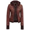 Women's Thumbhole Style Hand Warmer Sleeves Brown Leather Jacket