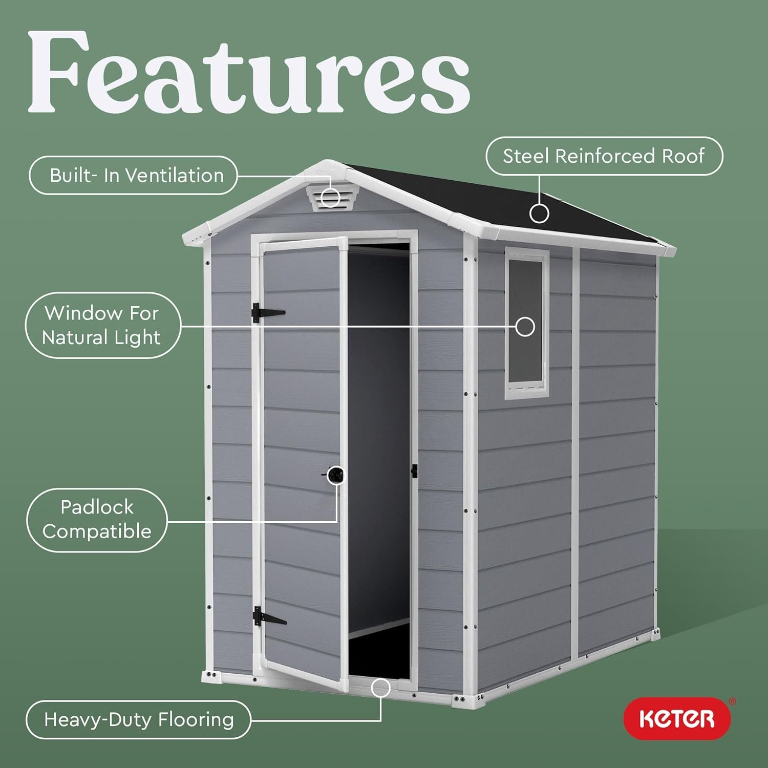 Keter Manor 4x6 Resin Outdoor Storage Shed Kit-Perfect to Store Patio Furniture, Garden Tools Bike Accessories, Beach Chairs and Lawn Mower, Grey & White - Image 3