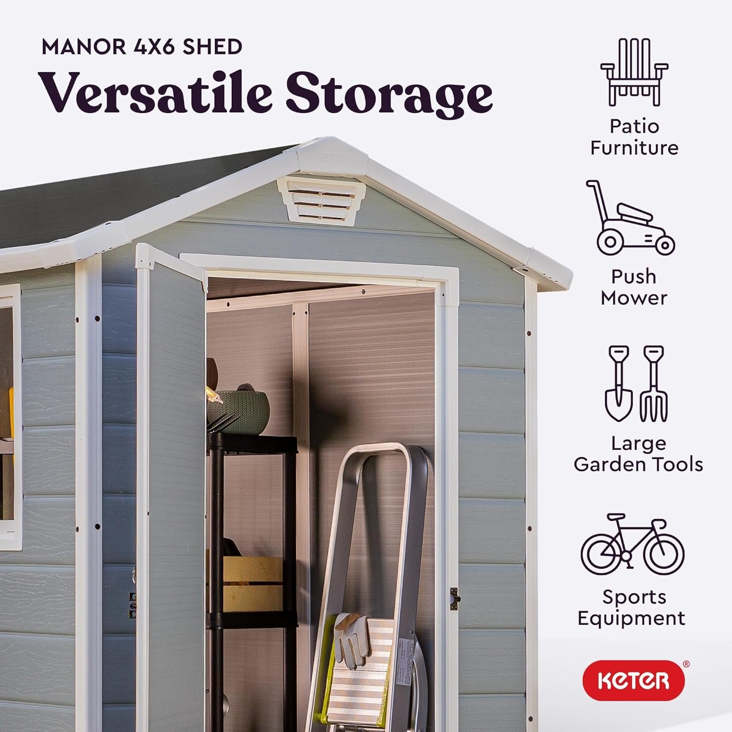 Keter Manor 4x6 Resin Outdoor Storage Shed Kit-Perfect to Store Patio Furniture, Garden Tools Bike Accessories, Beach Chairs and Lawn Mower, Grey & White - Image 4